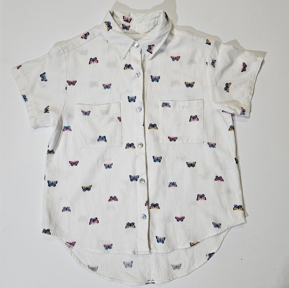 Rae Dunn Linen Blend Button‎ Down Shirt Womens XS Ivory Multicolor Butterfly